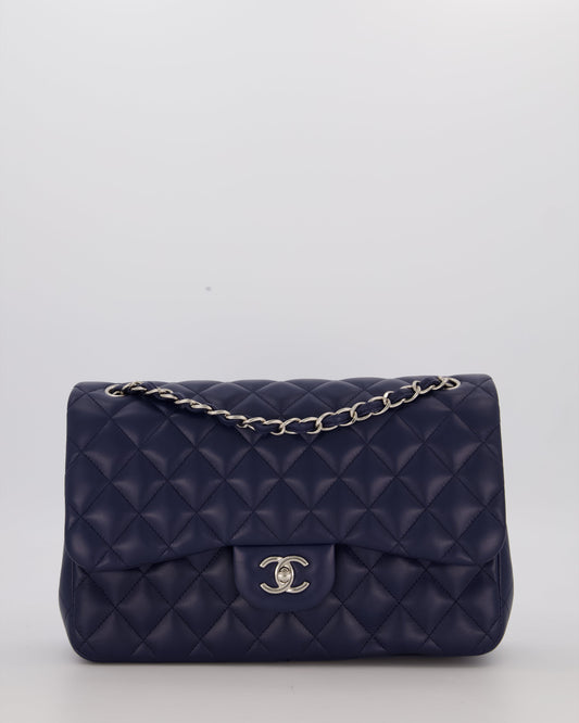 Chanel Navy Jumbo Classic Double Flap Bag in Lambskin Leather with Silver Hardware