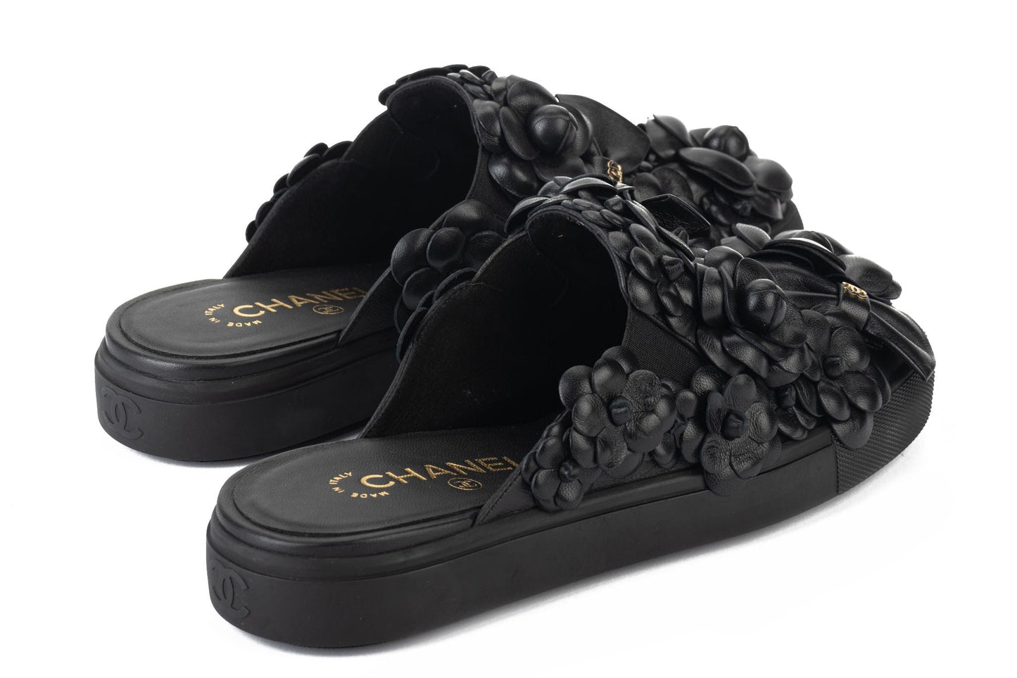 Chanel BNIB Black Camellia Slides 38