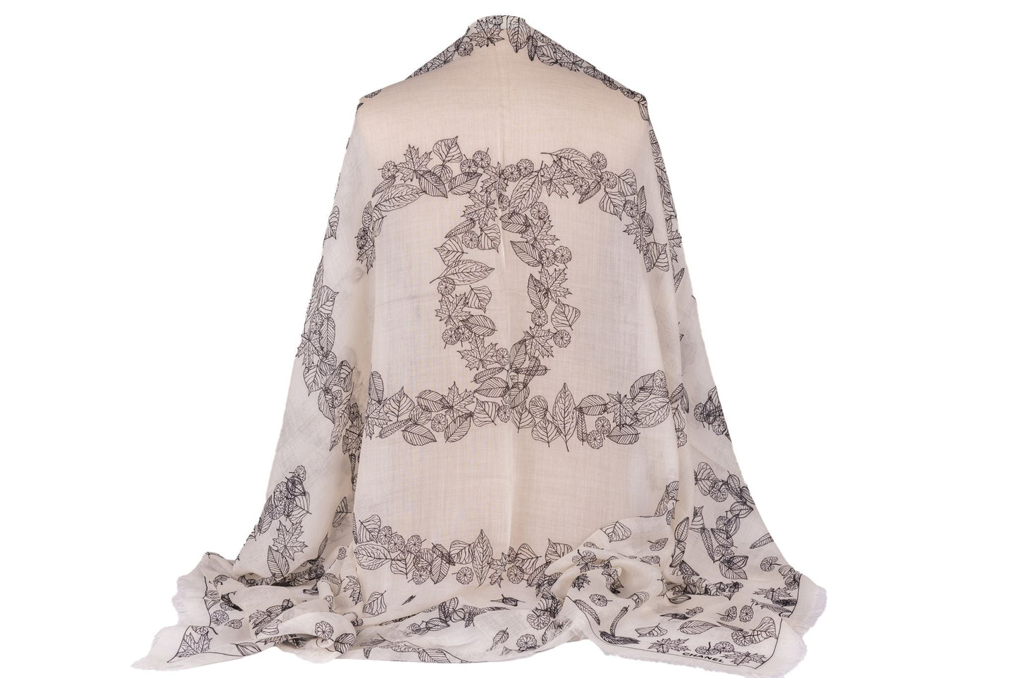 Chanel New Cashmere Shawl White Leaves