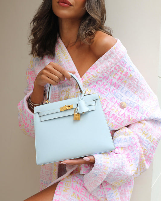 Hermes Kelly 25 Sellier Bag in Bleu Brume Epsom Leather with Gold Hardware