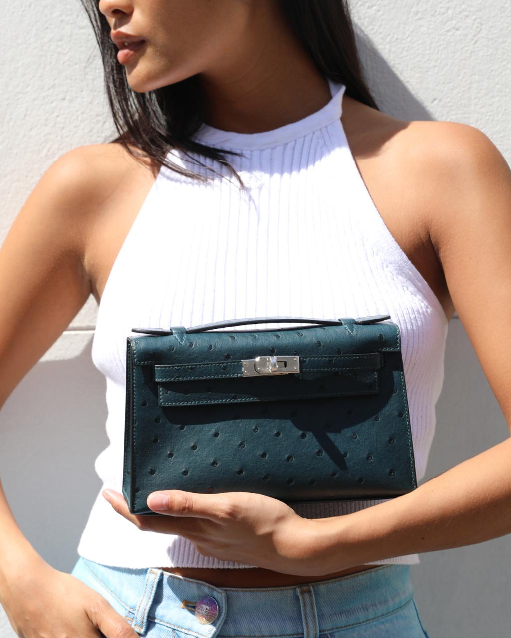 *SUPER RARE* Hermes Mini Kelly Pochette Bag in Vert Cypres Ostrich Leather with Palladium Hardware