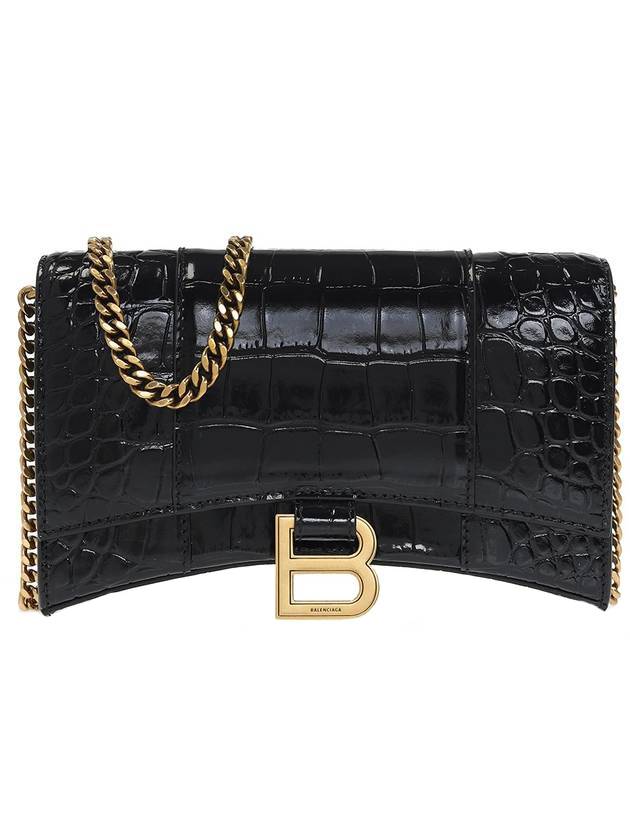 Luxury Balenciaga Trending 2025 Hourglass Chain Crocodile Embossed Calfskin Medium Wallet Black