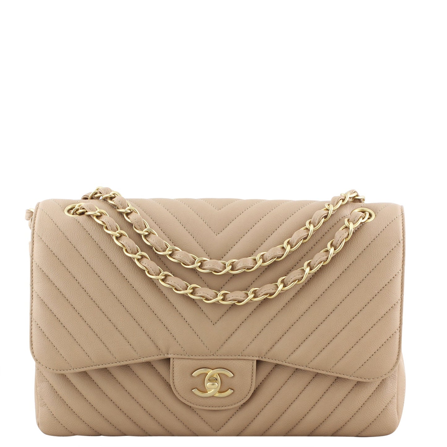 Chanel Classic Double Flap Jumbo Chevron | Beige Calfskin