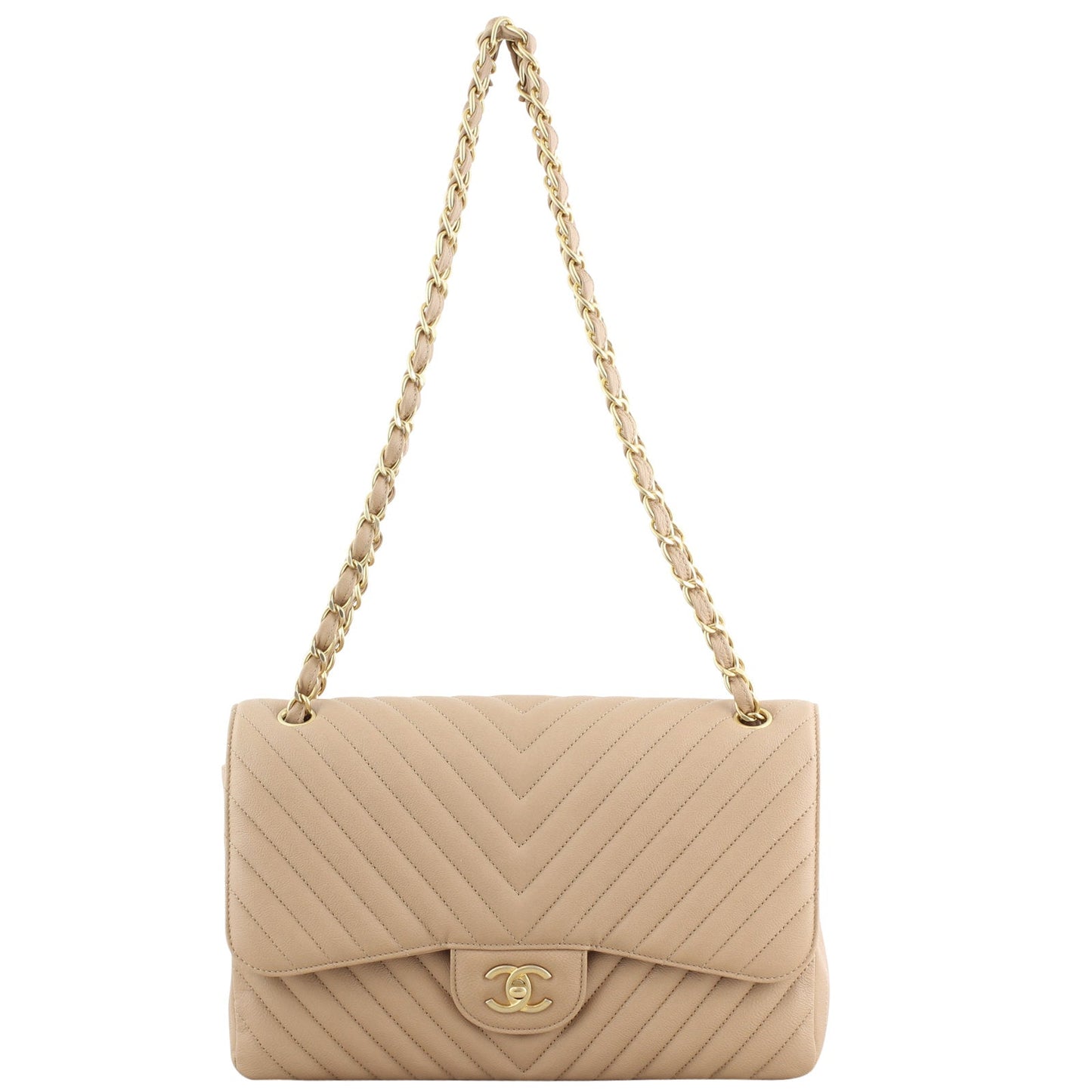 Chanel Classic Double Flap Jumbo Chevron | Beige Calfskin