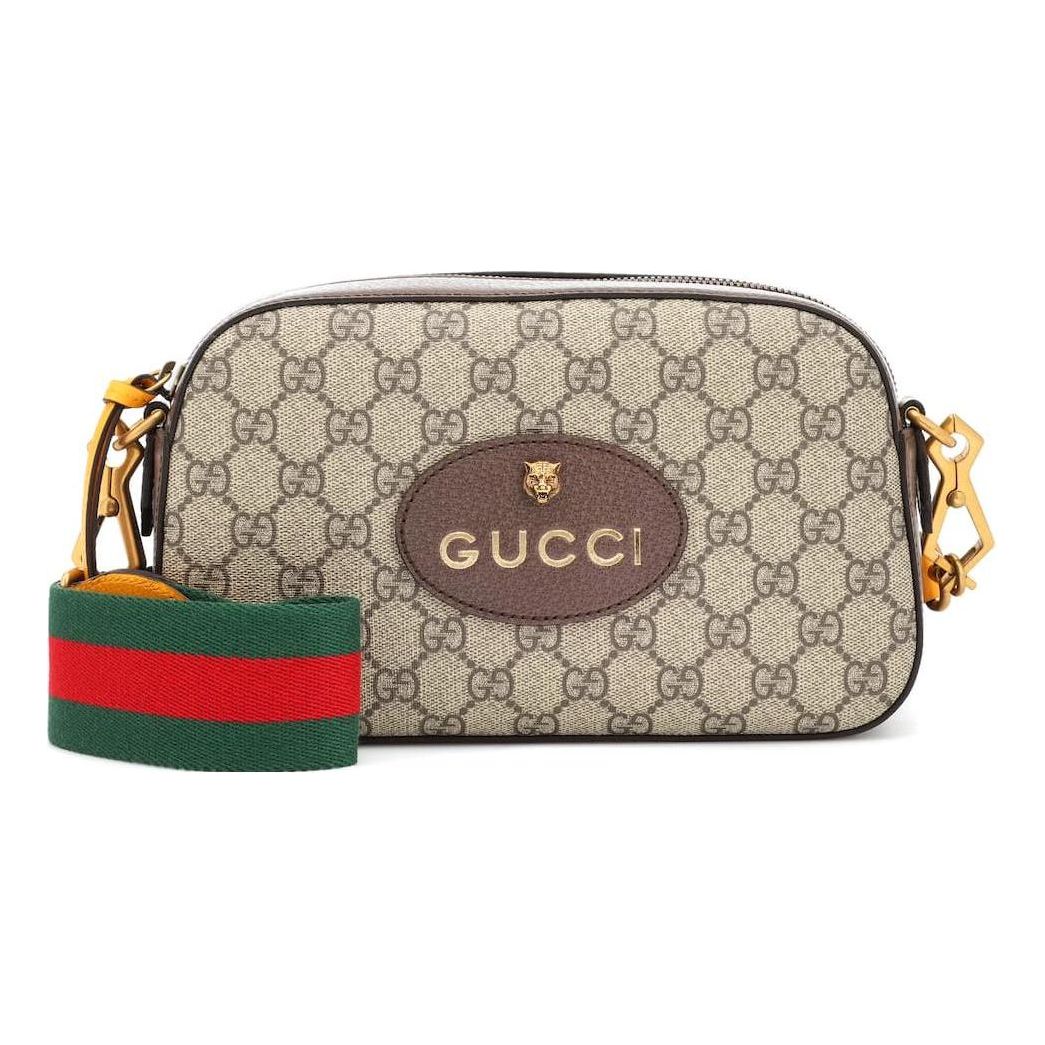 GUCCI Neo  Metallic Tiger Head Logo Stripe Webbing Shoulder Messenger Bag Unisex / / Brown / Yellow 476466-K9GVT-8856